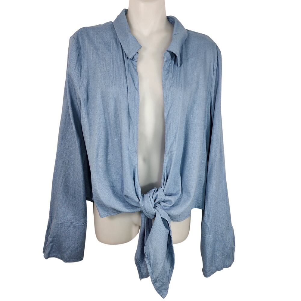 Missguided Womens Tying Knot Detail Linen Long Sleeve Crop Shirt Blouse Blue M